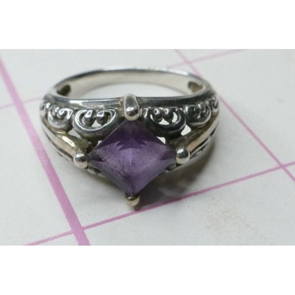 Sterling Silver Ring With Square Amethyst Gemstone & Ornate Filigree Design Size - Picture 9 of 11
